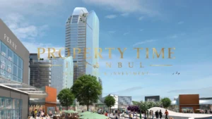 Maslak 1453 curved glass residential tower and the shopping square in front