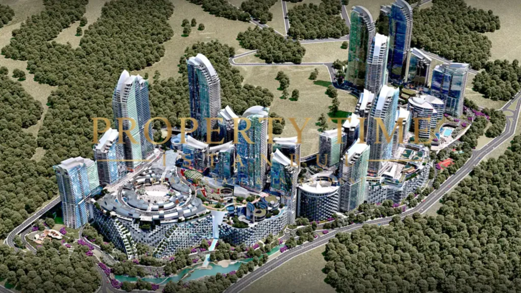 Maslak 1453 project visual: curved glass towers, mall and terraced residential blocks in the forest