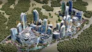 Maslak 1453 project visual: curved glass towers, mall and terraced residential blocks in the forest