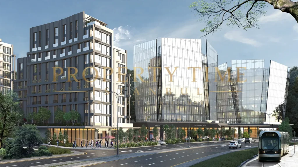 Vadi Koru'nun konut ve cam cepheli ofis blokları, önünde cadde ve raylı sistem